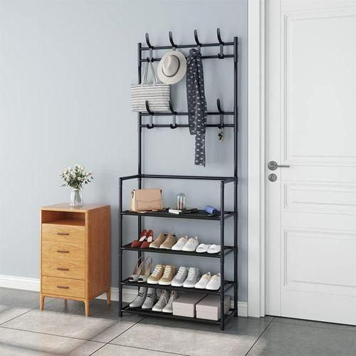 Shoe Rack Shelf And 8 Adjustable Metal Hook Coat Rack,Shoe Rack Organizer Multifunctional Coat Rack Shoe Shelf,Apartment ,Bedroom - Black/White