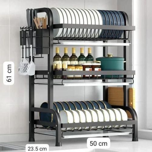 Dish Drying Rack, 3 Tiers, Dish Drying Basin, Large Capacity, Stylish, Chopstick Stand, Knife Stand, Cutting Board Stand, Kitchen Utensil Holder, Storage Shelf, Air Dry, Easy Assembly (3 Tiers)