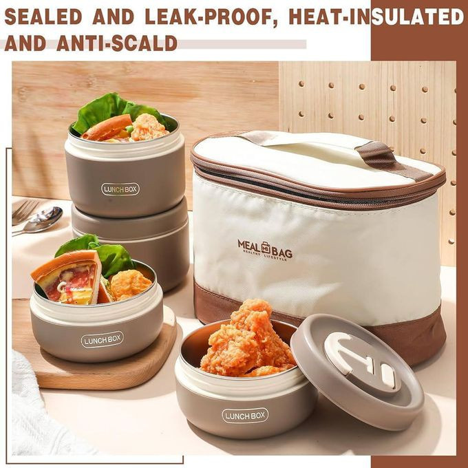 4PC Stainless Steel Bento Box Adult Lunch Box, Portable Insulated Food Lunch Container Set with Thermal Lunch Box, 4 Separate Stackable Lunch Container for Adult Kids Men Women-CREAM&BROWN