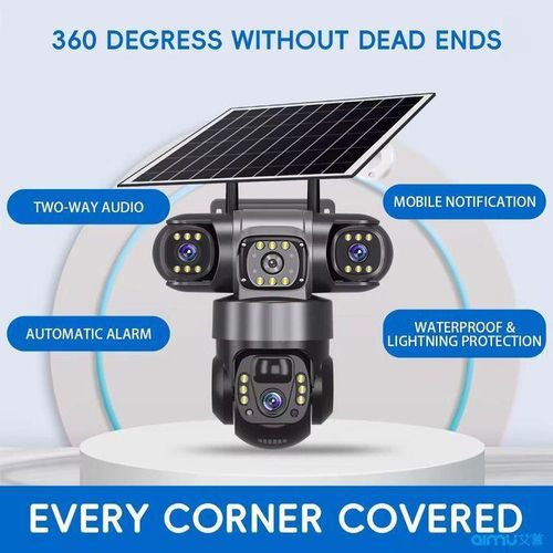Security CCTV Camera Powered By Solar Energy With 3 Lenses And 3 Screens Connects With Phone By Sim Card Has Lights And Alarm Settings -Multicolor..