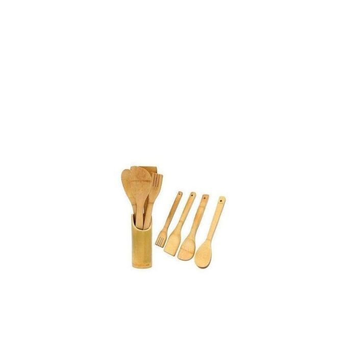 5 Pieces Of Bamboo Cooking/ Serving Spoon Utensils-Brown