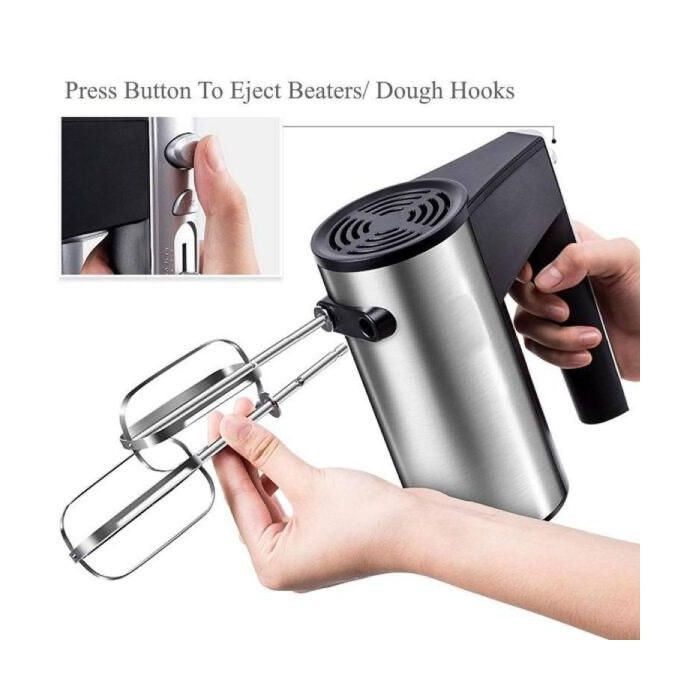 Hoffmans Hand Mixer Stainless Steel With Beaters & Dough Hooks - Black /Silver