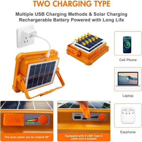 LED Spotlight Solar Construction Spotlight Work Light Portable Flood Light 4 Light Modes Camping Lamp USB Rechargeable LED Construction Lamp For Garage Fishing - Multicolor