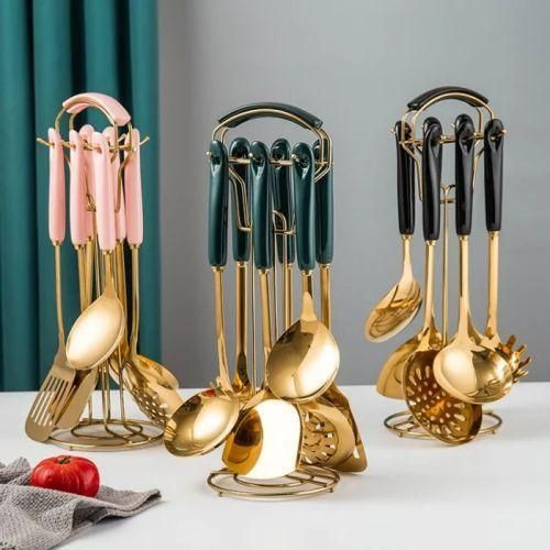 6Pcs Kitchen Tool Cooking Utensils Serving Spoons Cutlery Set - Gold