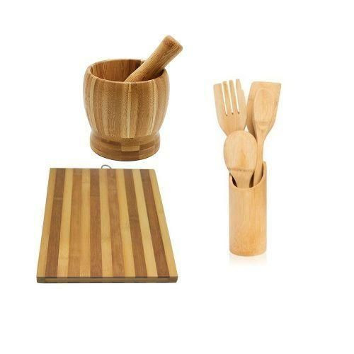 Set of Bamboo Chopboard, Mortar Pestle, Cooking Spoons - Brown