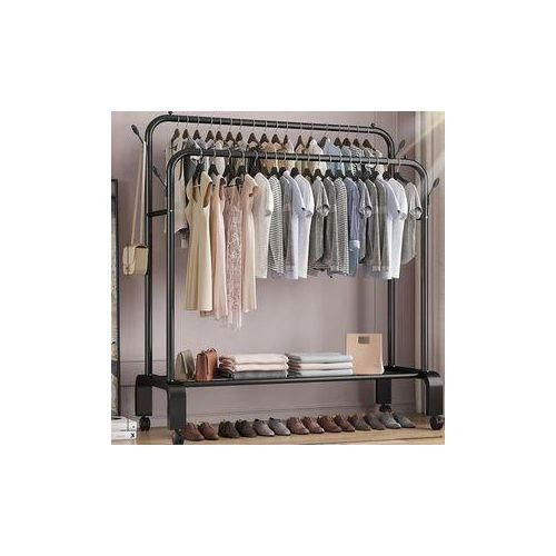 Carbon Steel Double Pole Coat Rack Indoor Bedroom Clothes Drying Rail Balcony Hanging Clothes Shoes Rack Standing Storage Organizer With Hooks- Color May Vary