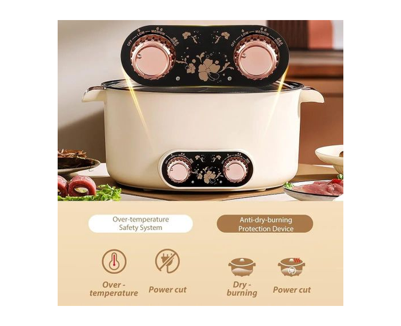 Electric Hot Pot, 5 L Electric Cooking Pot with Quick Heating and Double Rotary Knob, Electric Pot with Non-Stick Coating, 2Levels Temperature Control, for Steak Noodles, Soup - Multicolor