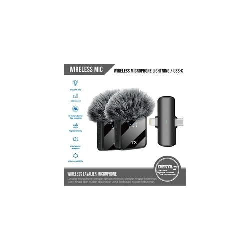 Microphone 2 In 1 Wireless Lavalier USB C + Lightning Mic For Phones-Black
