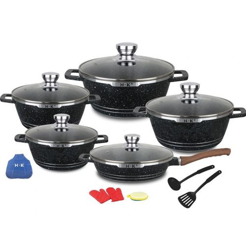 HK 16 Piece Ceramic Non Stick Soup Pots And Pans Set Die Casting Aluminum Kitchen Cookware Set- Multi-Color