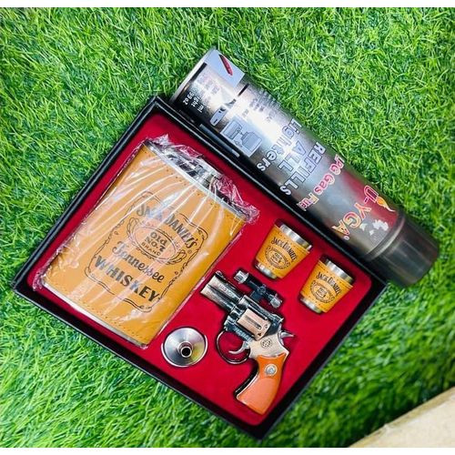 Whisky Hip Bottle Plus Gun Lighter And Refiller Shots