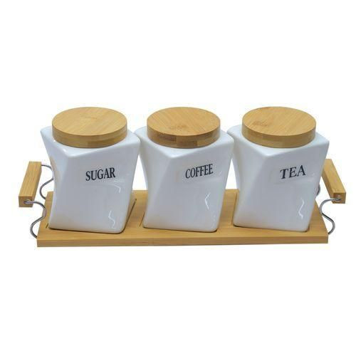 Other A Set Of 3 Canisters With Bamboo Base - White