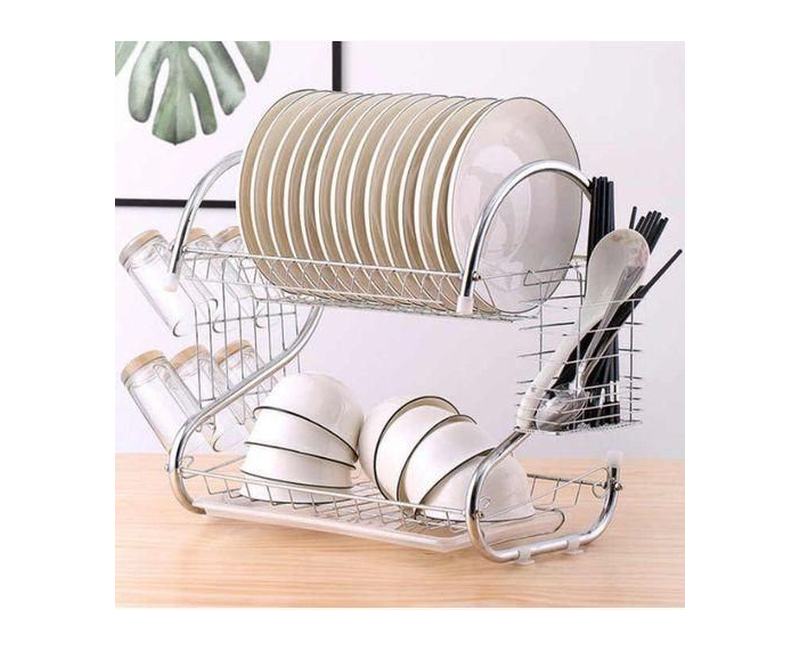 White Label 2 Layer Dish Rack Drainer For Utensils & Cutlery - Silver