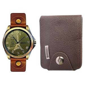Yake 2 Pack Men's Faux Leather Wallet & Wrist Watch - Brown.