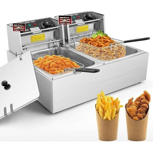 Double Electric Deep Fryer with Basket Commercial Deep Fryer Stainless Steel Dual Tank with Lid Adjustable Temperature Knob Oil Filtration for French Fries, Donuts, Chicken, Chips