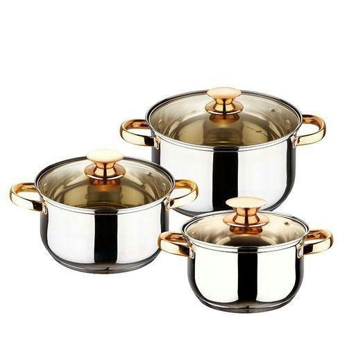 New 6 Pc Gold Handles Stainless Steel Saucepans Cookware Pots- Silver