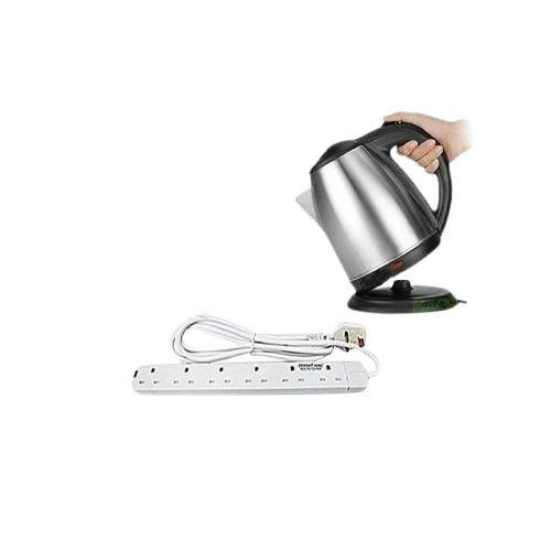 Electric Kettle 2 Litres & 6 Way Power King Extension Cable - Silver, White