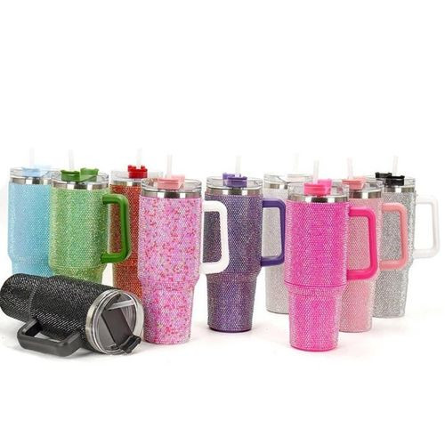 40 Oz Bling Tumbler With Handle Rhinestones Tumbler With Lid And Straw Fix For Car Cup Holder Insulated Stainless Steel Double Wall Water Cup Travel Mug Tumblr For Women