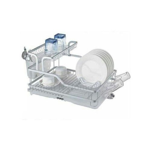 Aluminum Plate Dish Drying -2 Tier Rack With Removable Drainer Cutlery & Cup Holder - White