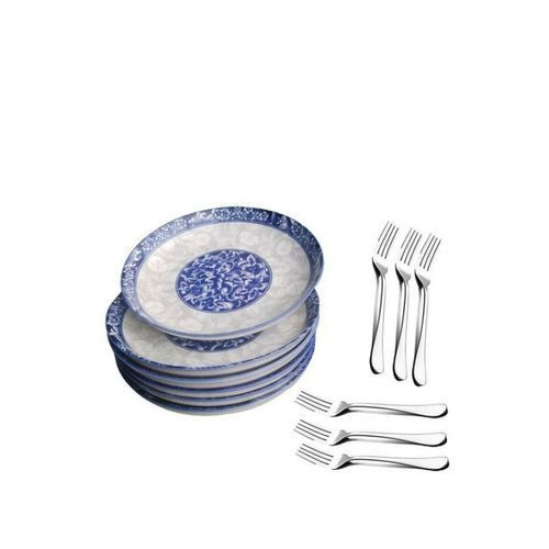 Ceramic A set of 6 dinner plates and 6 Strong stainless steel forks - Blue, White