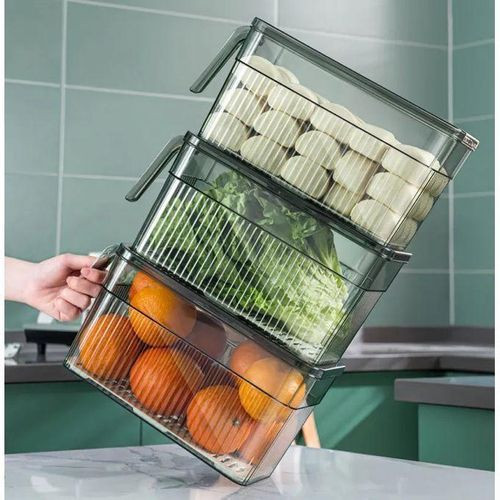 Food Storage Container Refrigerator Organizer Holder With Lid And Handle Plastic Fresh Box With Drain Basket - Green