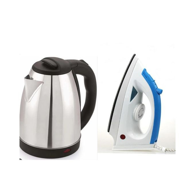 Flat Iron & Electric Kettle Percolator 2 Litres - Silver, White
