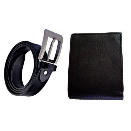 Bundle of 2 Men's Faux Leather Wallet And Belt With Varying Buckle- Black