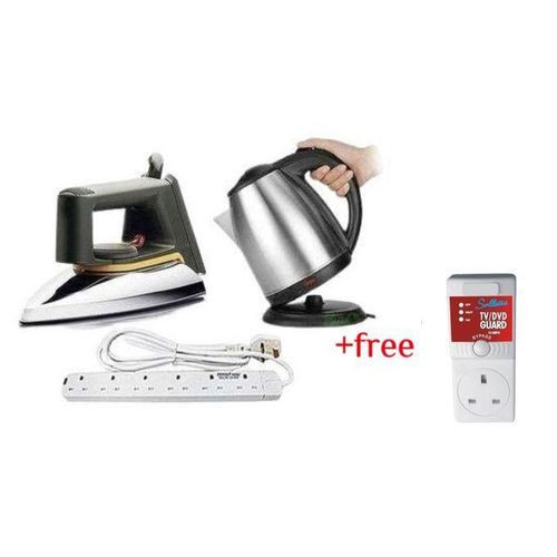 6 Way Extension Cable, Electric Kettle 2L & Flat Iron, Plus A Free TV Guard - Silver, White