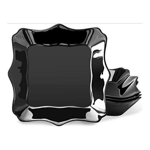 12Pcs Set Of Elegant Ceramic Dinner Plates And Soup Bowls-Black