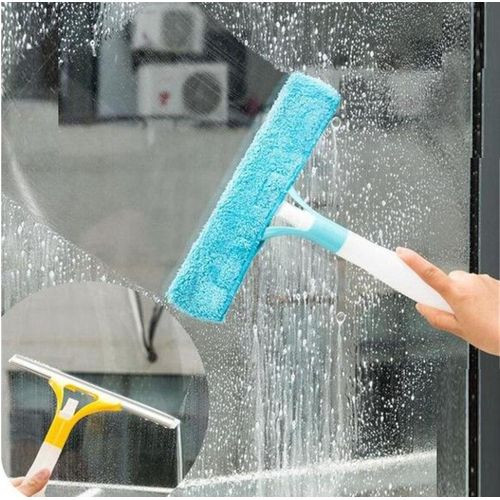 2-In-1 Glass Cleaner, Wiper With Strong Handle, Glass Brush, - Blue.