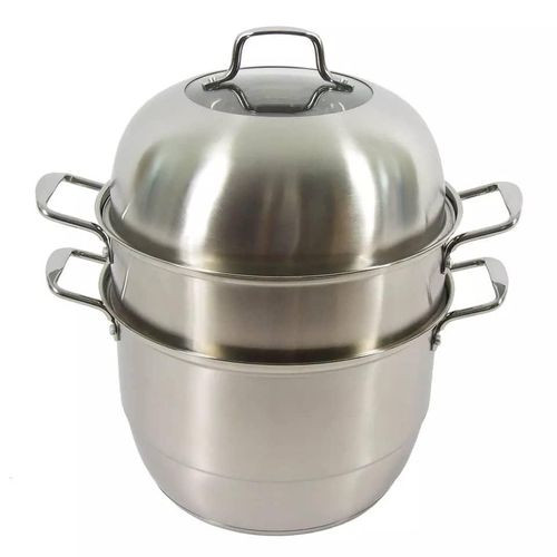 3 Layer Stainless Steel Non Electric Food Saucepan And Steamer For Preparing Steamed Food-Silver.