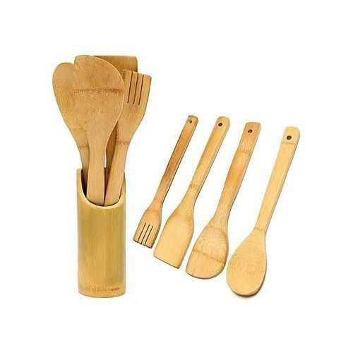 5 Pieces Of Bamboo Cooking /Serving Spoon Utensils - Brown.
