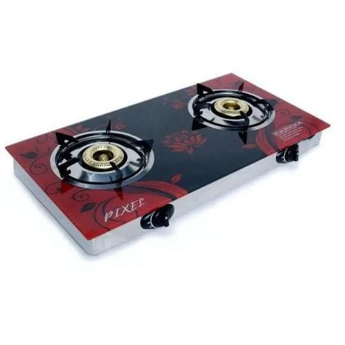 Pixel Gas Hot Plate 2 Burner Tempered Glass With Automatic Ignition- Black and Red