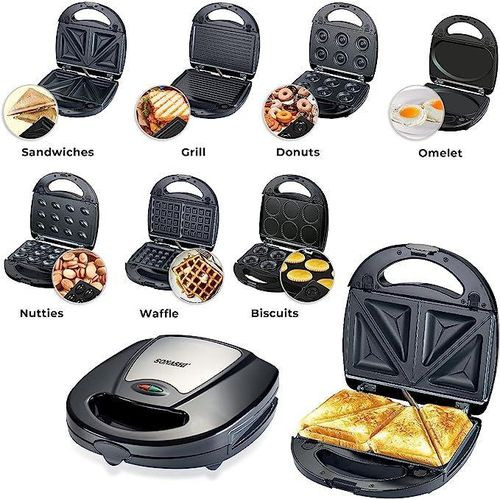 Sonashi 7-in-1 Multi Snack Maker With Detachable Plates For Making Sandwich And Other Snacks-Black/Silver
