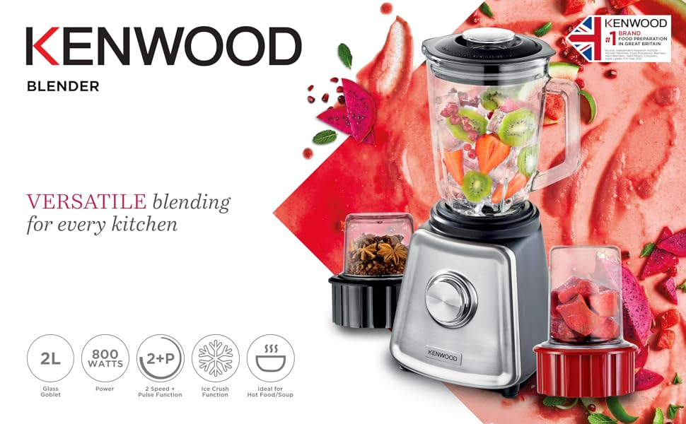 KENWOOD BLENDER BLP44.270 800W IceCrush 3in1 2L GlassJar+ Glass Grinder Mill+Meat Chopper