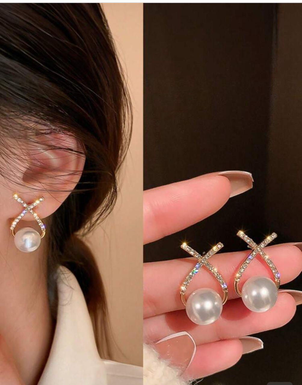 1pair Faux Pearl Stud Earrings With Sweetheart X Design, Suitable For Bridal Or Wedding Guests As A Gift